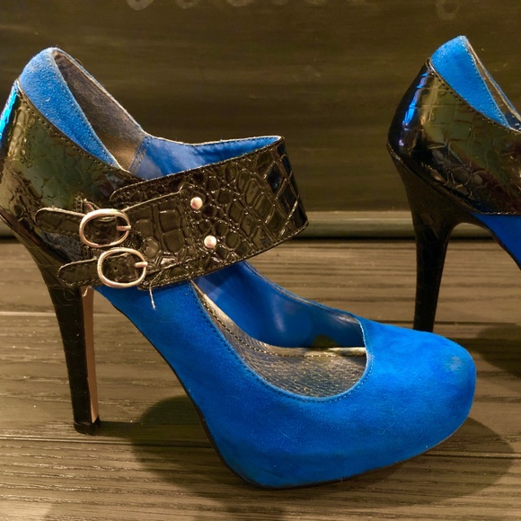 BAMBOO Blue Fx Suede & Black Patent Whimsy Goth Buckle Mary Jane High Heels~7 - Picture 5 of 14